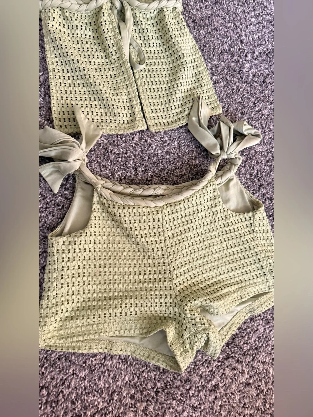 Lace-Up Crochet Halter Set - Sage Green